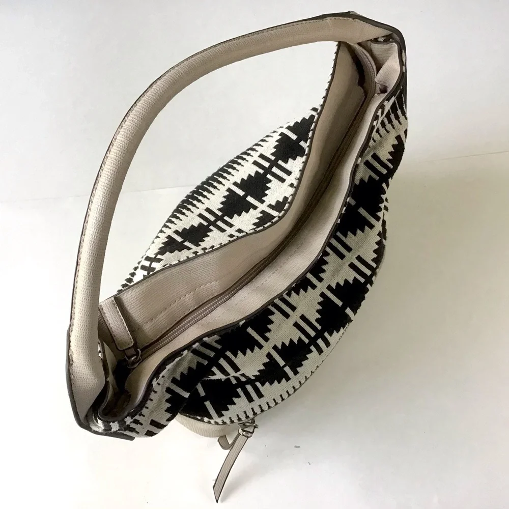 David Jones Tote Purse Hobo Bag Cream & Black Textile Print & Synthetic Leather